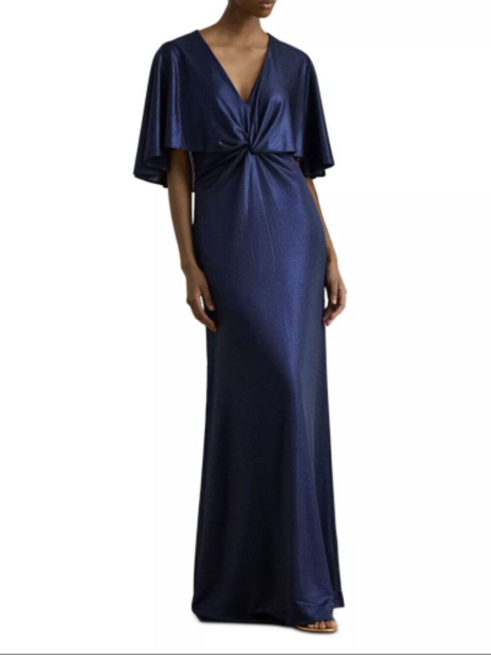 NWT Lauren Ralph Lauren Blue Metallic Jersey Twist Front Cape Gown Size 14